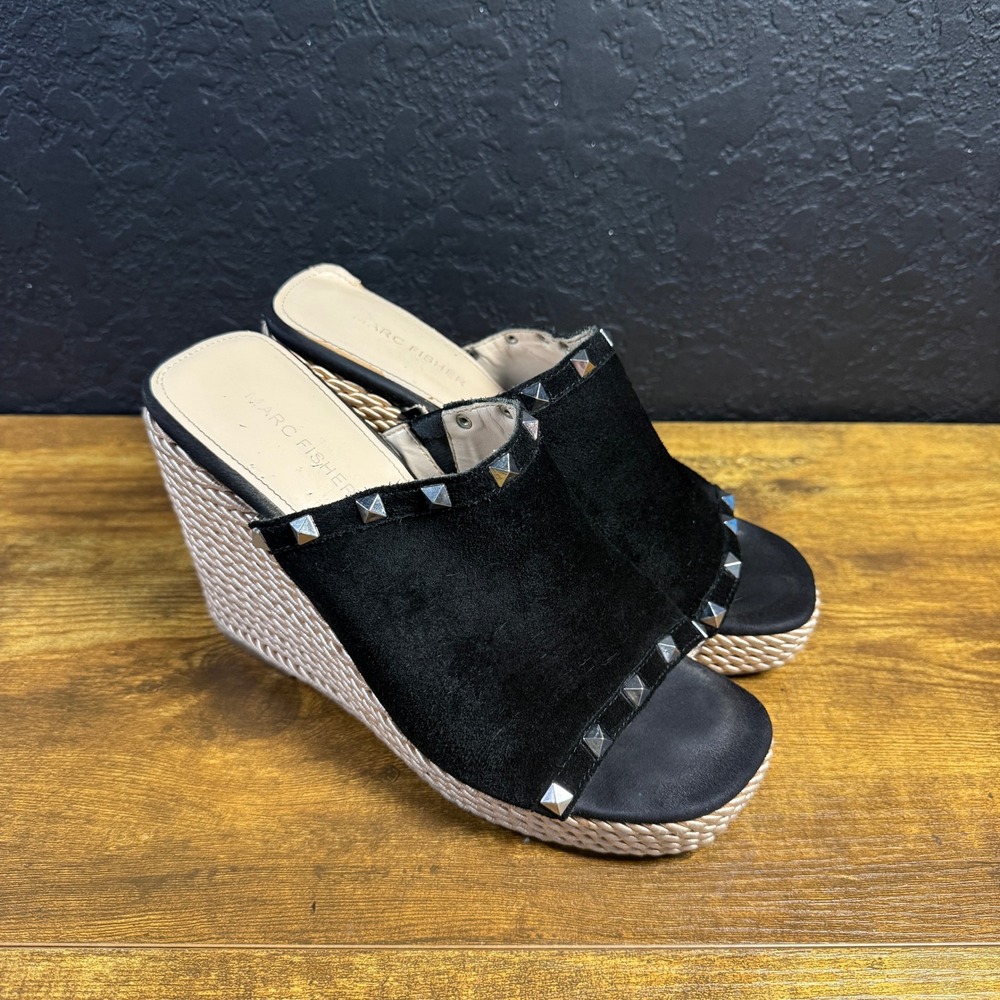 Marc Fisher Zyme 2 Black Suede Studded Wedge Sandals‎ Womens 8.5M